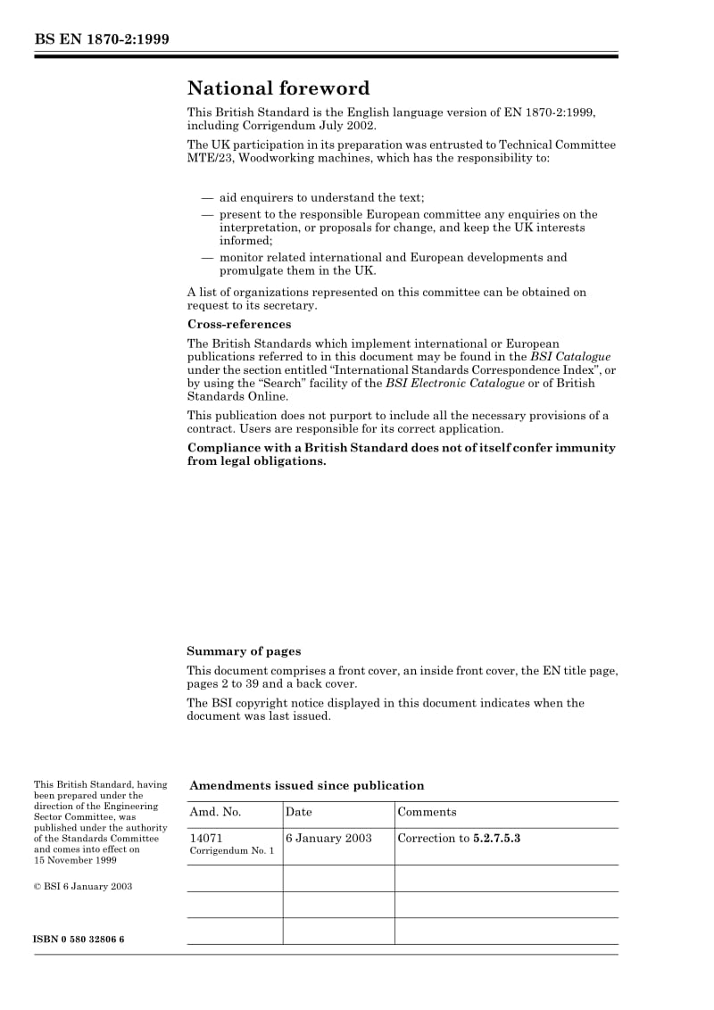 BS EN 1870-2-1999 Safety of woodworking machines — Circular sawing machines — Part 2 Horizontal beam panel saws and vertical panel saws.pdf_第2页