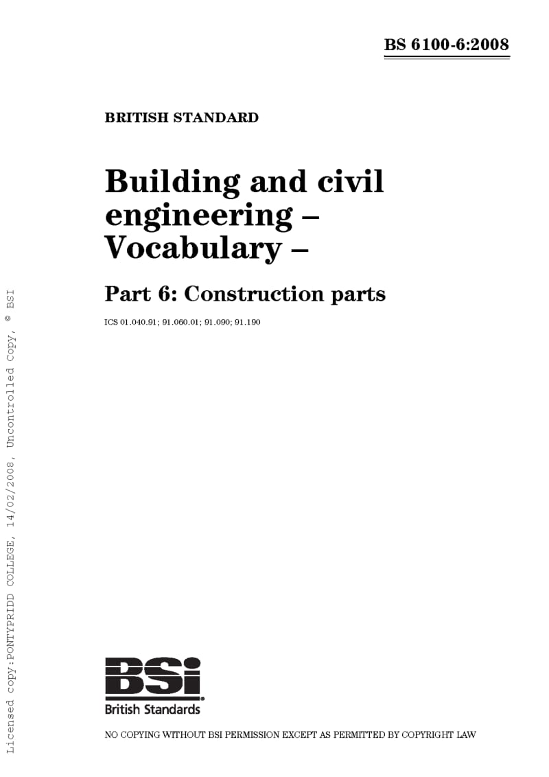 BS 6100-6-2008 Building and civil engineering – Vocabulary – Part 6 Construction parts.pdf_第1页