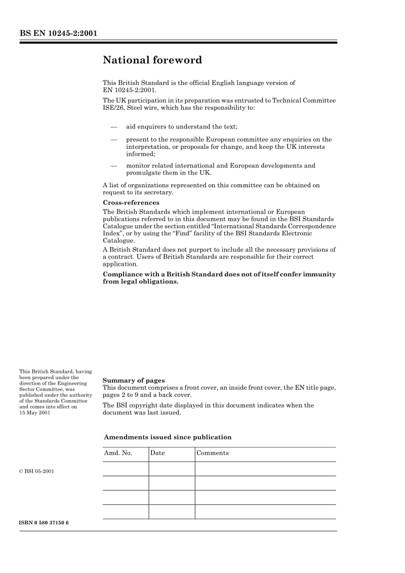 BS EN 10245-2-2001 钢丝和钢丝制品 钢丝上的有机涂层 第2部分：涂PVC线材.pdf_第2页