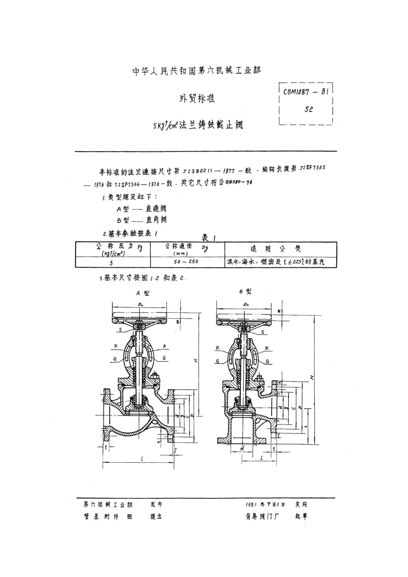 63472 5kgf cm2法兰铸铁截止阀 标准 CBM 1087-1981.pdf_第1页