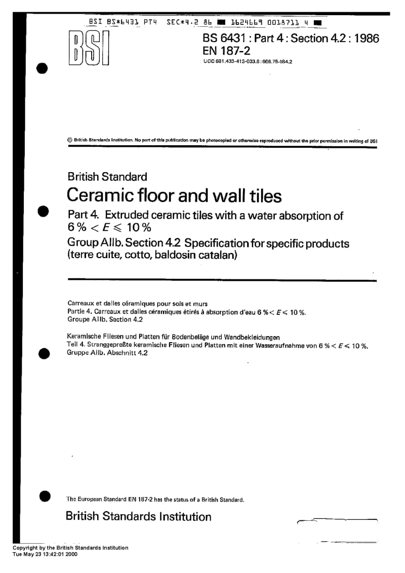 BS 6431-4-4.2-1986 Ceramic floor and wall tiles.pdf_第1页