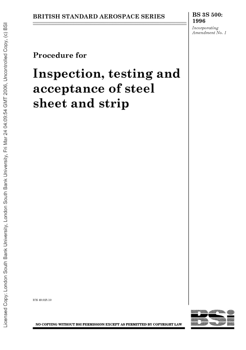 BS 3S 500-1996 Procedure for Inspection, testing and acceptance of steel sheet and strip.pdf_第1页