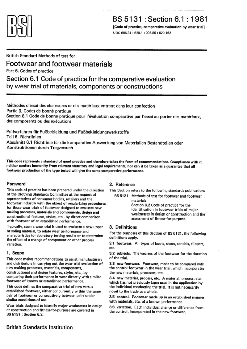 BS 5131-6.1-1981 鞋靴和鞋靴材料试验方法.第6部分惯例.第1节通过穿着试验对比评定材料、部件和结构1.pdf_第1页