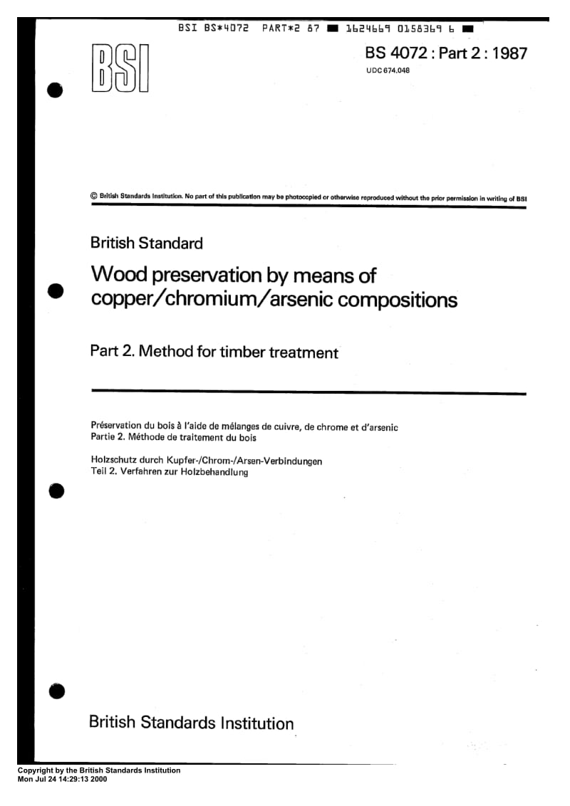 BS 4072-2-1987 Wood preservation by means of copperchromiumarsenic compositions. Method for timber treatment.pdf_第1页
