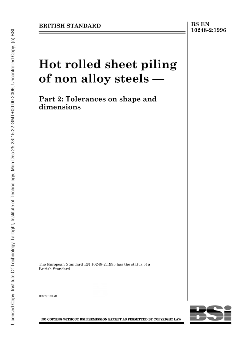 BS EN 10248-2-1996 非合金钢热轧板桩.第2部分：形状和尺寸公差.pdf_第1页