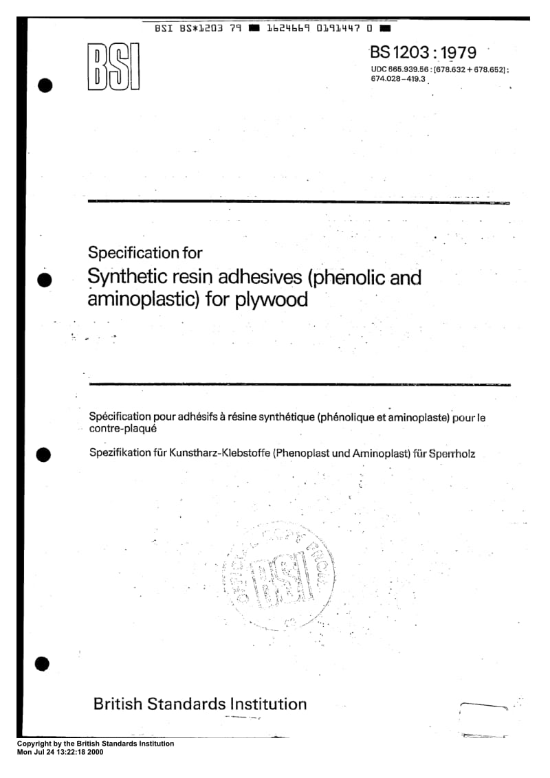 BS 1203-1979 Specification for synthetic resin adhesives (phenolic and aminoplastic) for plywood.pdf_第1页
