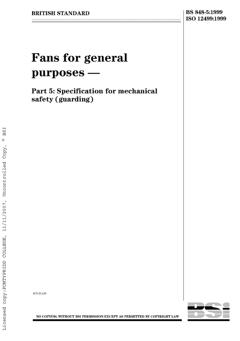 BS 848-5-1999 Fans for general purposes. Specification for mechanical safety (guarding).pdf_第1页