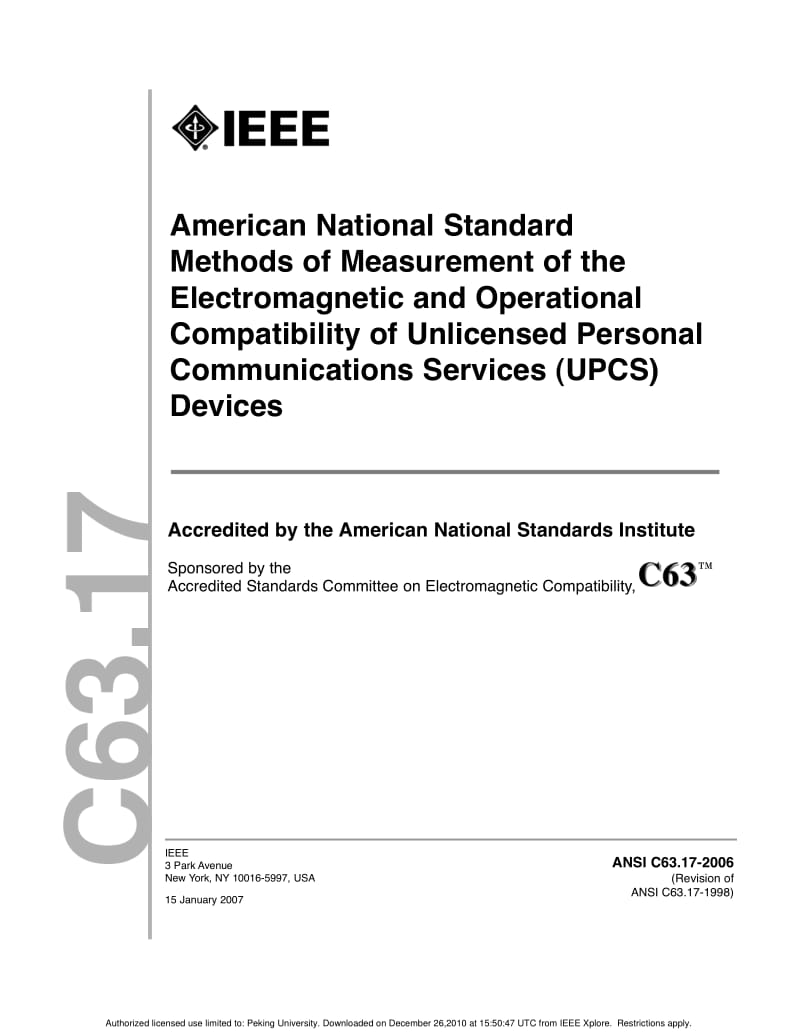 ANSI C63.17-2006 American National Standard Methods of Measurement of the Electromagnetic and Operational Compatibility of Unlicensed Personal Communications Services (UPCS) Devices.pdf_第1页