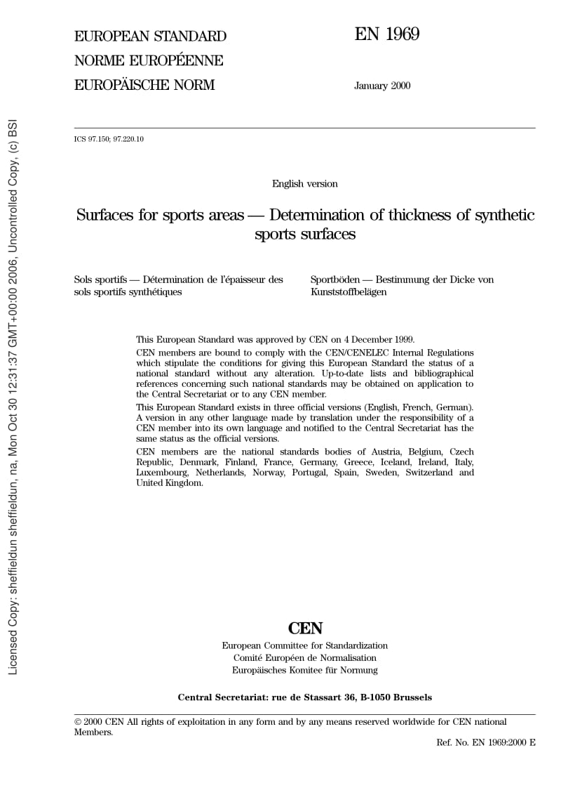 BS EN 1969-2000 Surfaces for sports areas. Determination of thickness of synthetic sports surfaces.pdf_第3页