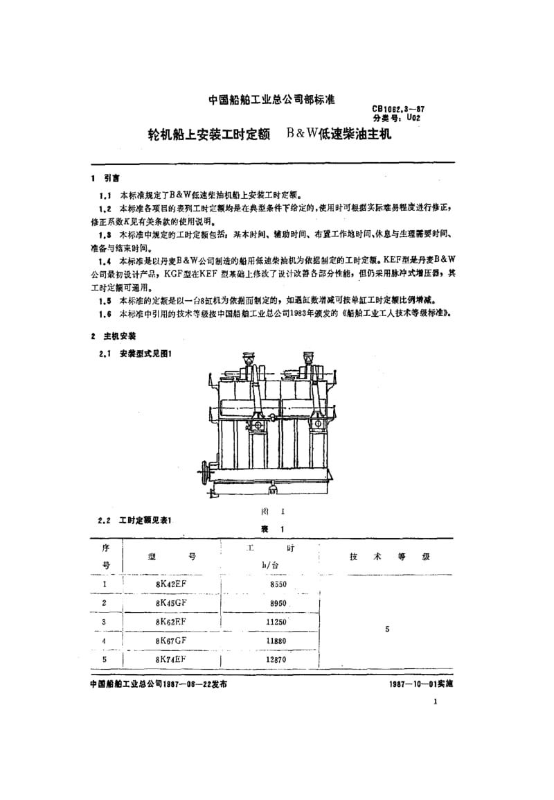 65238轮机船上安装工时定额 B &amp W低速柴油主机 标准 CB 1062.3-1987.pdf_第2页