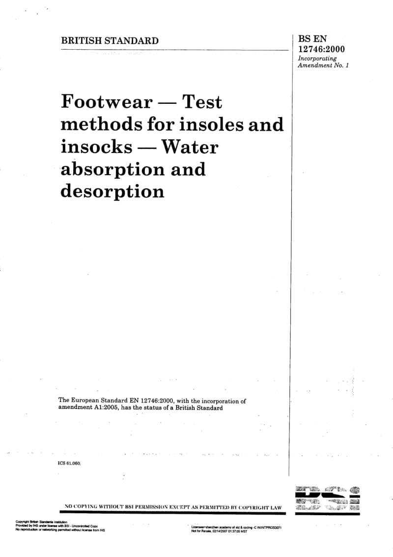 BS EN 12746-2000 Footwear – Test methods for insoles and insocks – Water absorption and desorption.pdf_第1页