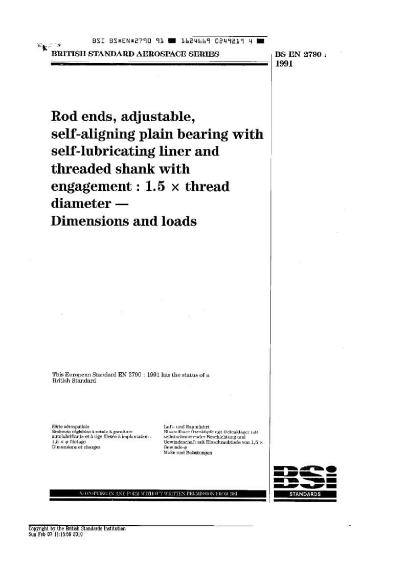BS EN 2790-1991 带自润滑套和啮合量为1.5的螺纹轴的可动调自定位滚动轴承杆端.尺寸和负载.pdf_第1页