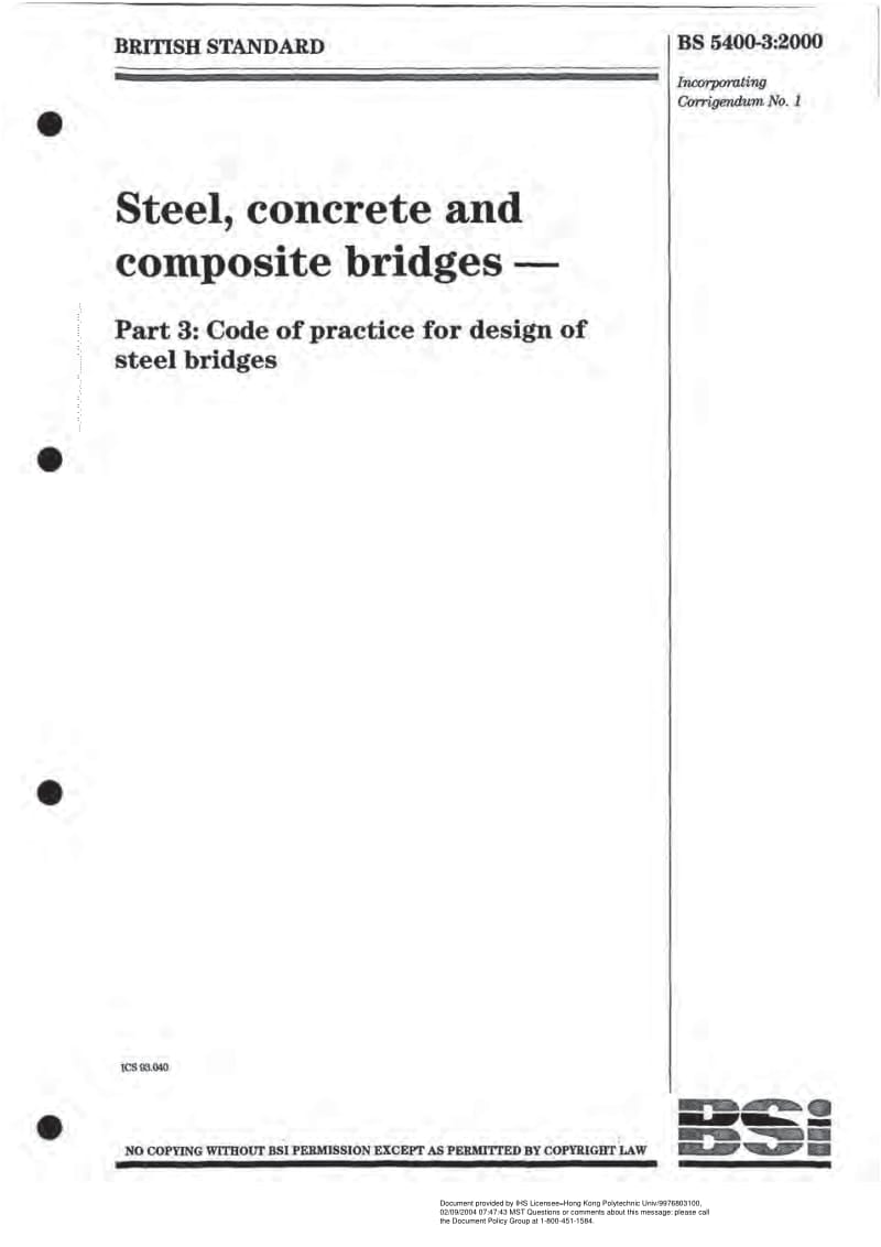 BS 5400-3-2000 Code of Practice for design of Steel Bridges.pdf_第1页