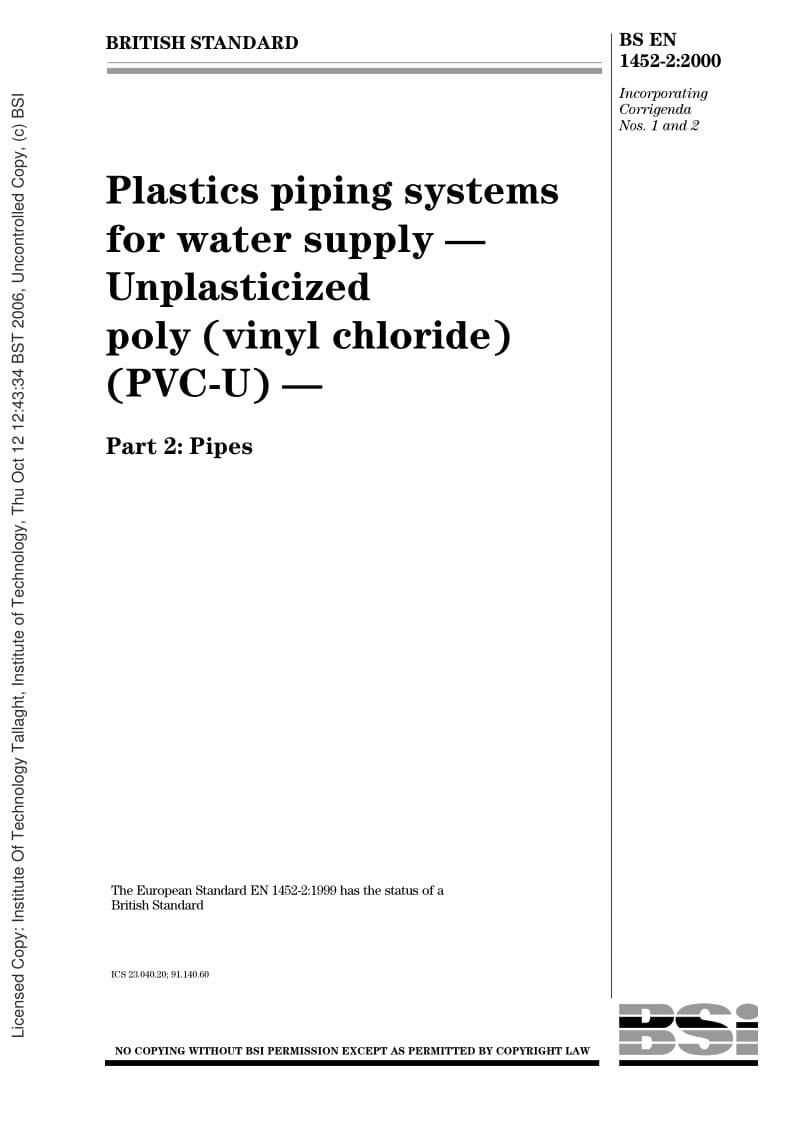 BS EN 1452-2-2000 Plastic piping for water supply - uPVC.pdf_第1页