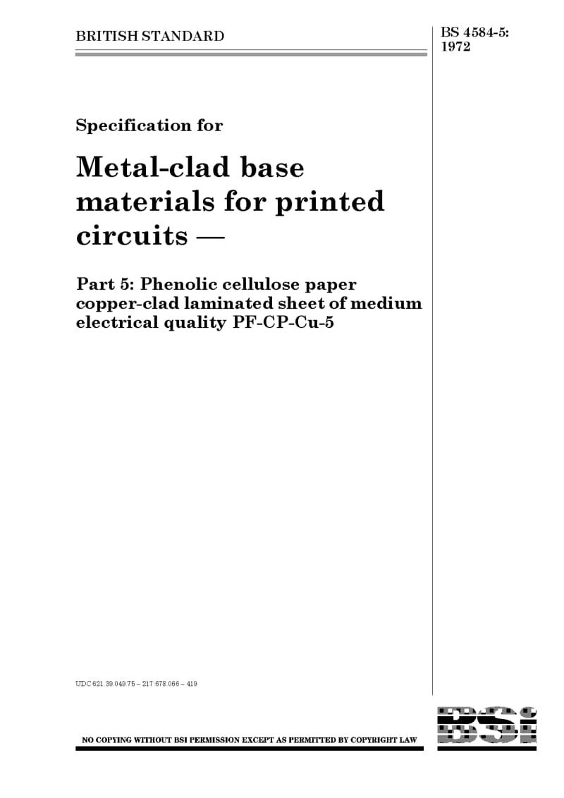 BS 4584-5-1972 Metal-clad base materials for printed circuits.pdf_第1页