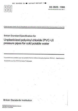 BS 3505-1986 Specification for unplasticized polyvinyl chloride (PVC-U) pressure pipes for cold potable water.pdf