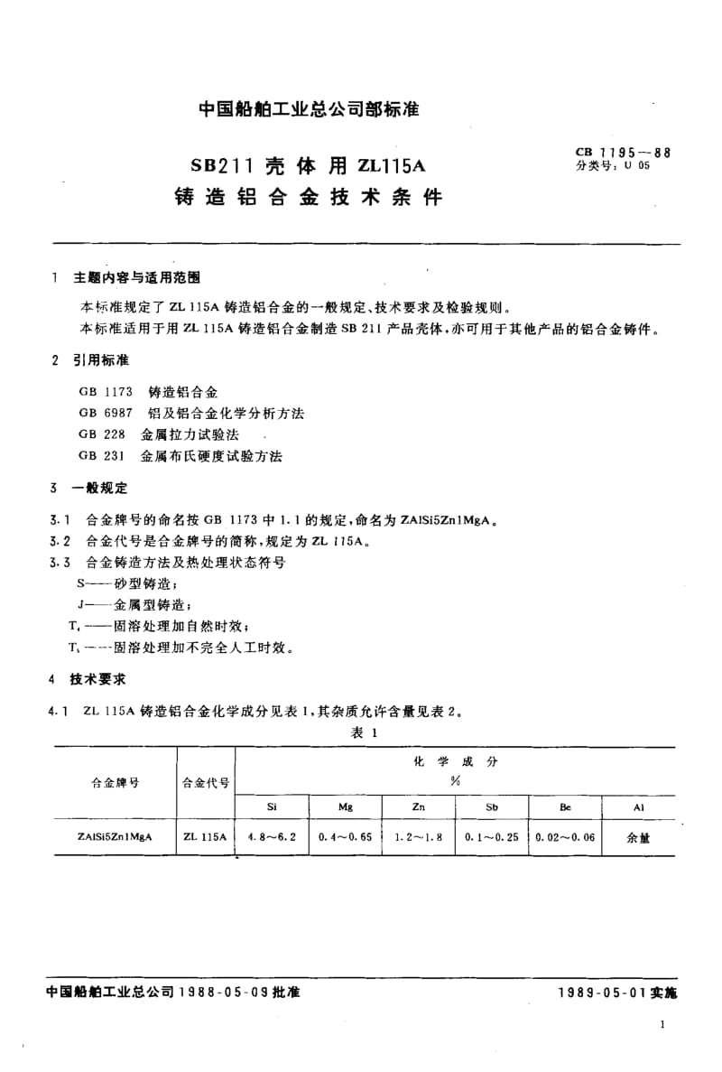 65059SB211壳体用ZL115A铸造铝合金技术条件 标准 CB 1195-1988.pdf_第2页