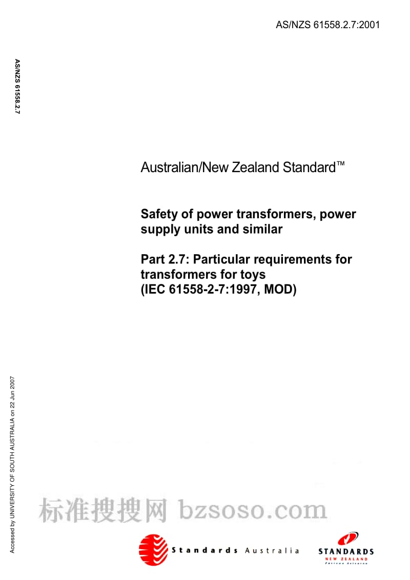 AS NZS 61558.2.7-2001 Safety of power transformers, power supply units and similar.pdf_第1页