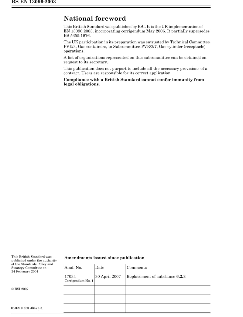 BS EN 13096-2006 TRANSPORTABLE GAS CYLINDERS — CONDITIONS FOR FILLING GASES INTO RECEPTACLES — SINGLE COMPONENT GASES.pdf_第2页