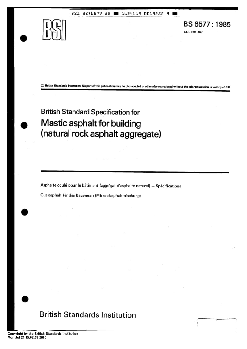 BS 6577-1985 Specification for mastic asphalt for building (natural rock asphalt aggregate).pdf_第1页