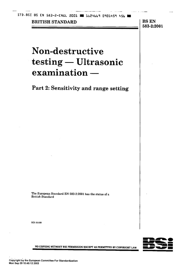 BS EN 583-2-2001 Non-destructive testing. Ultrasonic examination. Sensitivity and range setting..pdf_第1页