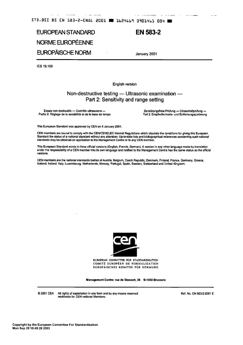 BS EN 583-2-2001 Non-destructive testing. Ultrasonic examination. Sensitivity and range setting..pdf_第3页