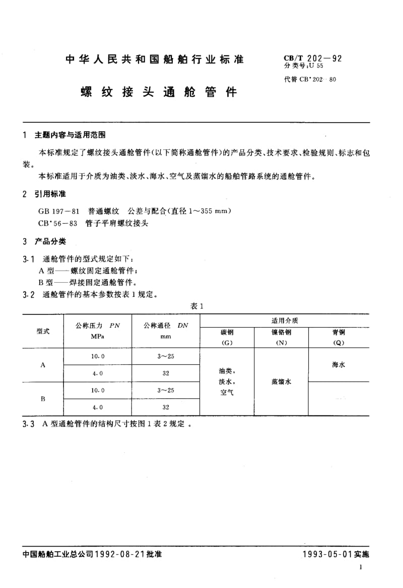 64266螺纹接头通舱管件 标准 CB T 202-1992.pdf_第2页