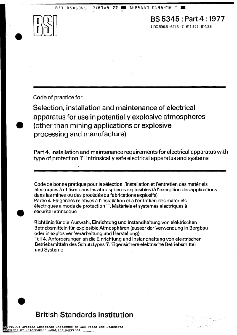 BS 5345-4-1977 Installation and maintenance requirements for electrical apparatus with type of protection i. Intrinsically safe electrical apparatus and systems.pdf_第1页