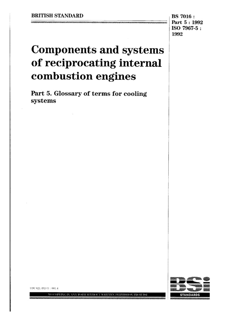 BS 7016-5-1992 Components and systems of reciprocating internal combustion engines. Glossary of terms for cooling systems.pdf_第1页