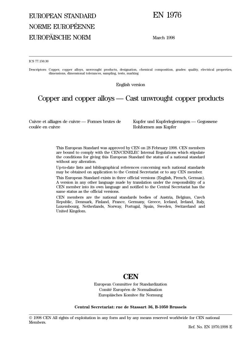 BS EN 1976-1998 Copper and copper Alloys - Cast Unwrought Copper Products.pdf_第3页