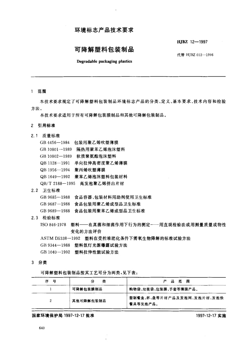 HJ环境保护标准-HJBZ 12-1997 可降解塑料包装制品.pdf_第1页