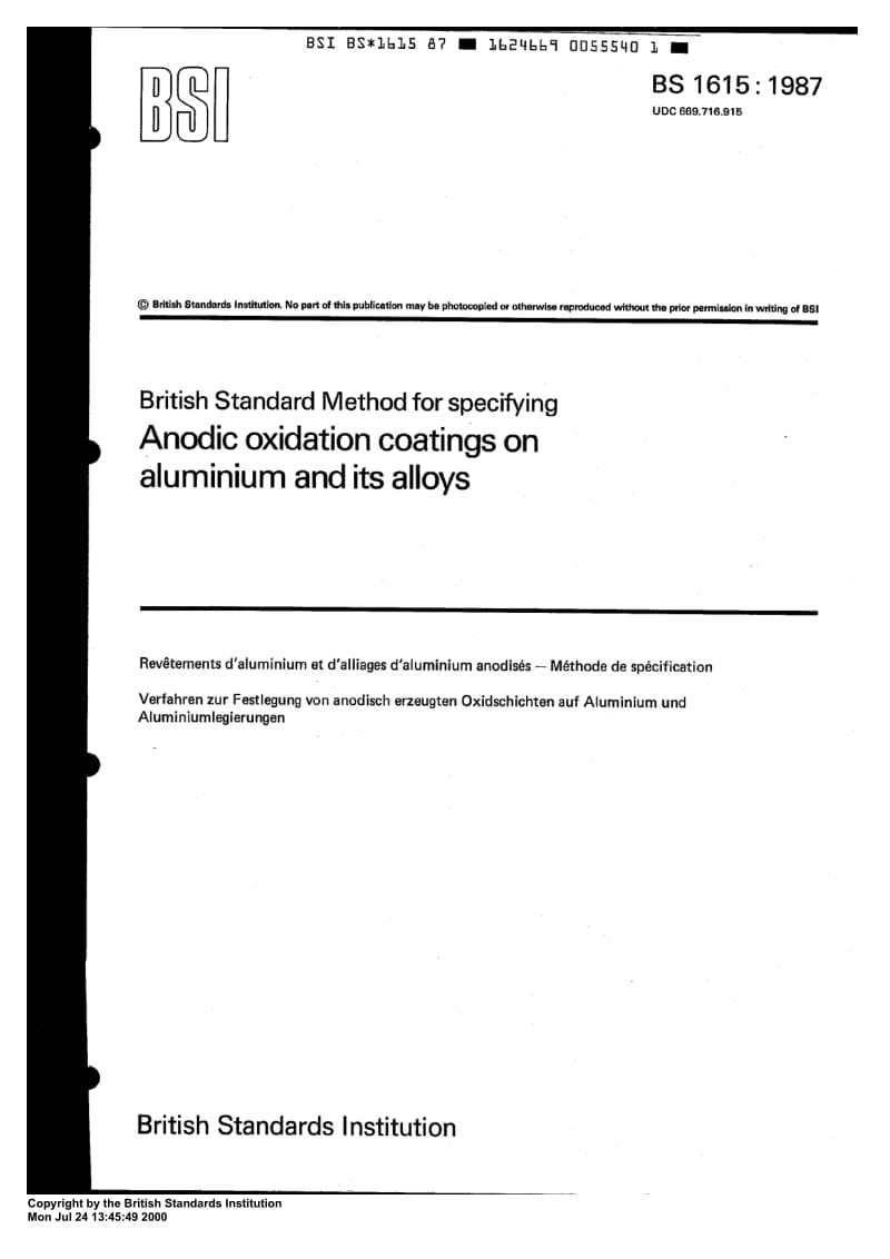 BS 1615-1987 Method for specifying anodic oxidation coatings on aluminium and its alloys.pdf_第1页