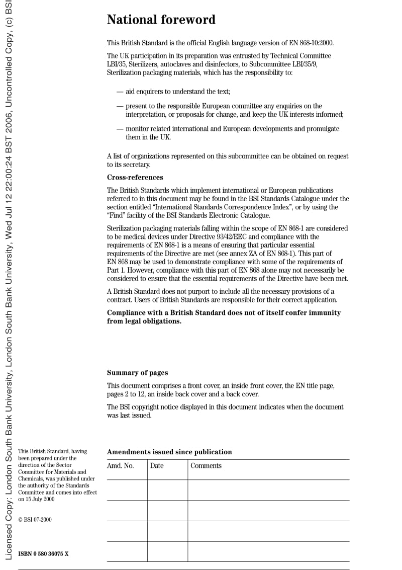 BS EN 868-10-2000 消毒医疗装置和包装材料.用于生产热密封袋,卷轴和盖的聚烯烃胶粘包覆非织物材料.要求和试验方法.pdf_第2页