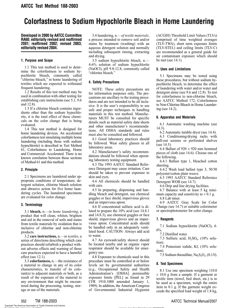 AATCC 188-2003 耐次氯酸钠家庭漂白洗涤色牢度1.pdf_第1页