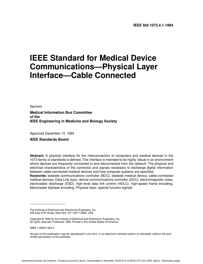 IEEE Std 1073.4.1-1994 IEEE Standard for Medical Device Communications-Physical Layer Interface-Cable Connected.pdf_第1页