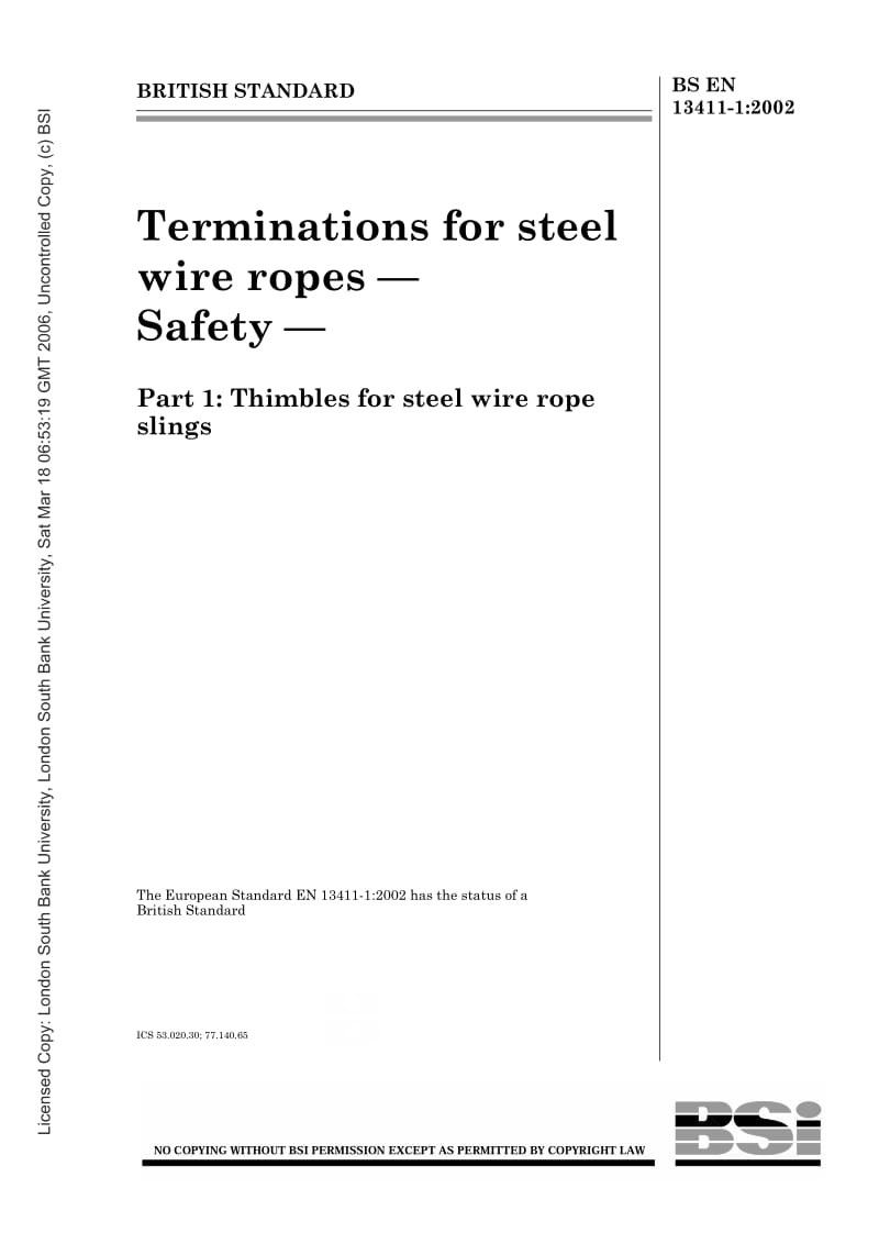 BS EN 13411-1-2002 钢丝绳接线端 安全 钢丝绳吊索用穿线环.pdf_第1页