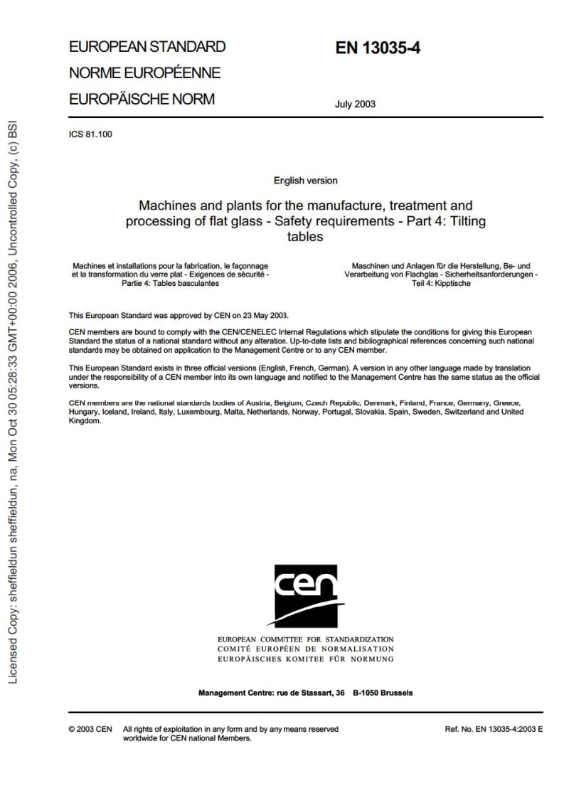 BS EN 13035-4-2003 Machines and plants for the manufacture, treatment an processing of flat glass — Safety requirements — Part 4 Tilting tables.pdf_第3页