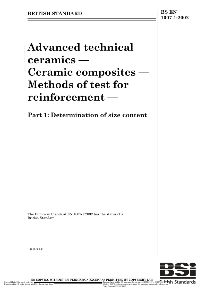 BS EN 1007-1-2002 Advanced technical ceramics — Ceramic composites — Methods of test for reinforcement — Part 1 Determination of size content.pdf_第1页