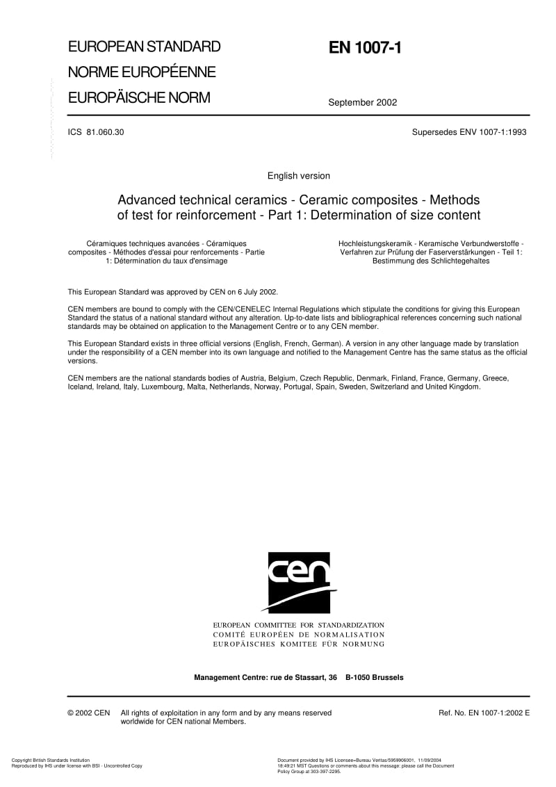 BS EN 1007-1-2002 Advanced technical ceramics — Ceramic composites — Methods of test for reinforcement — Part 1 Determination of size content.pdf_第3页