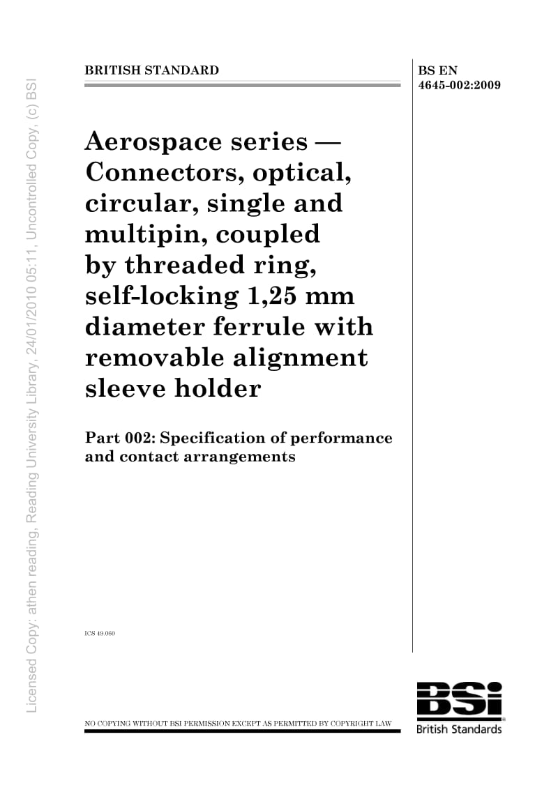 BS EN 4645-002-2009 航空航天系列.带可移除调整衬套固定器、自锁紧1.25mm直径套圈、螺纹环连接的、单点和多触点、圆形光学连接.pdf_第1页