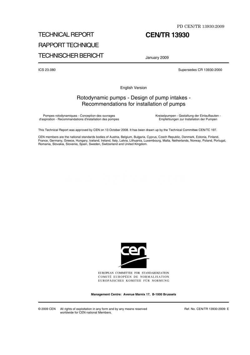 BS PD CEN TR 13930-2009 Rotodynamic pumps. Design of pump intakes. Recommendations for installation of pumps.pdf_第3页