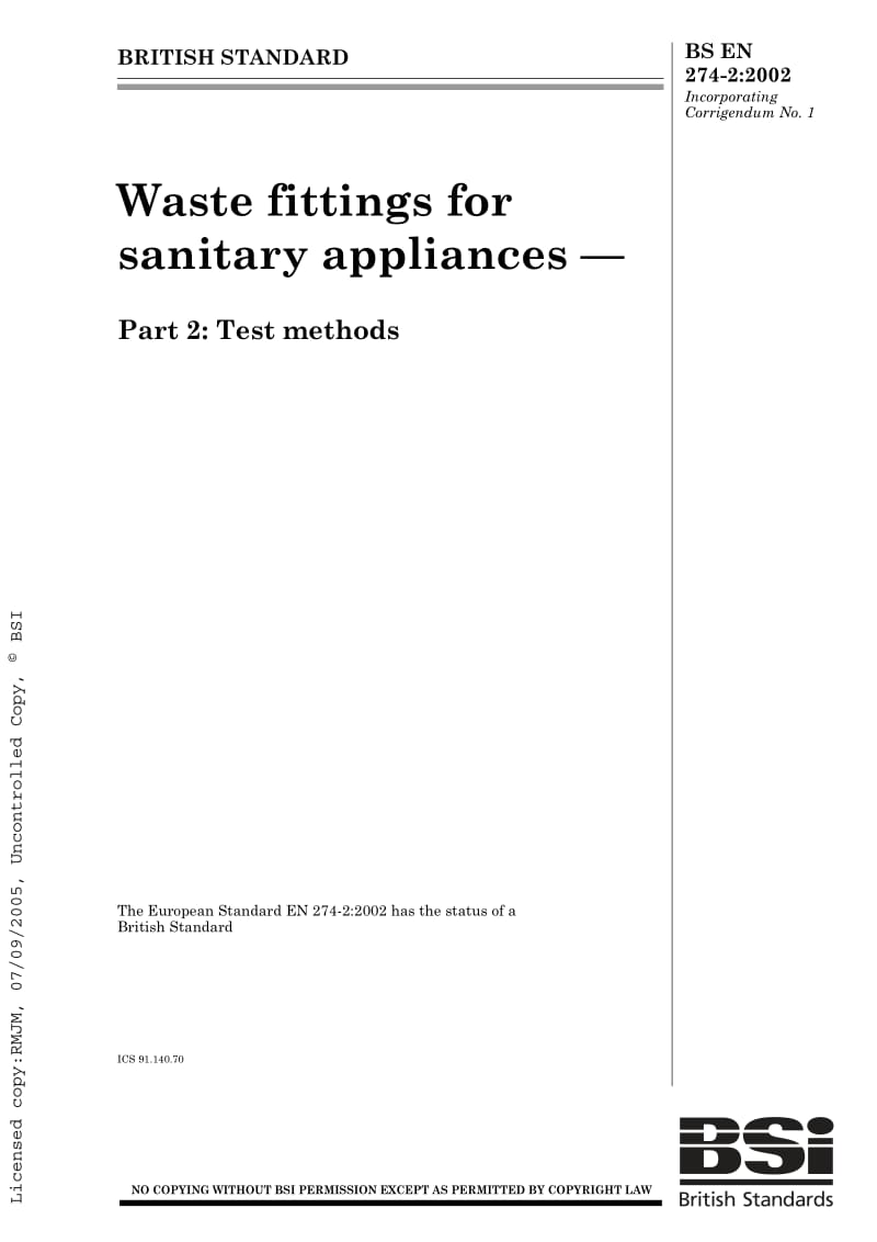 BS EN 274-2-2002 Waste fittings for sanitary appliances Part 2： Test methods.pdf_第1页