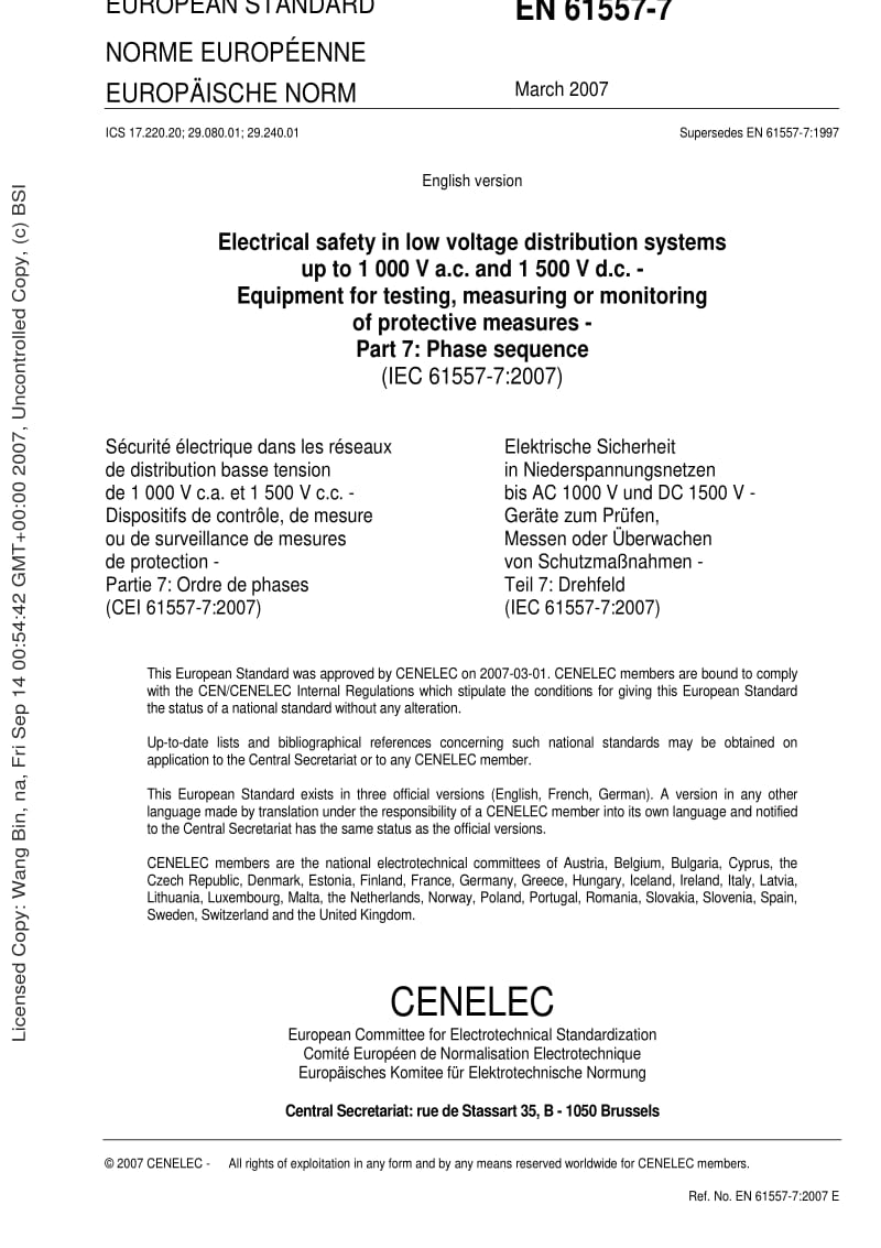 BS EN 61557-7-2007 Electrical safety in low voltage distribution systems up to 1 000 V a.c. and 1 500 V d.c. — Equipment for testing, measuring or monitoring of protective measures — Part 7.pdf_第3页
