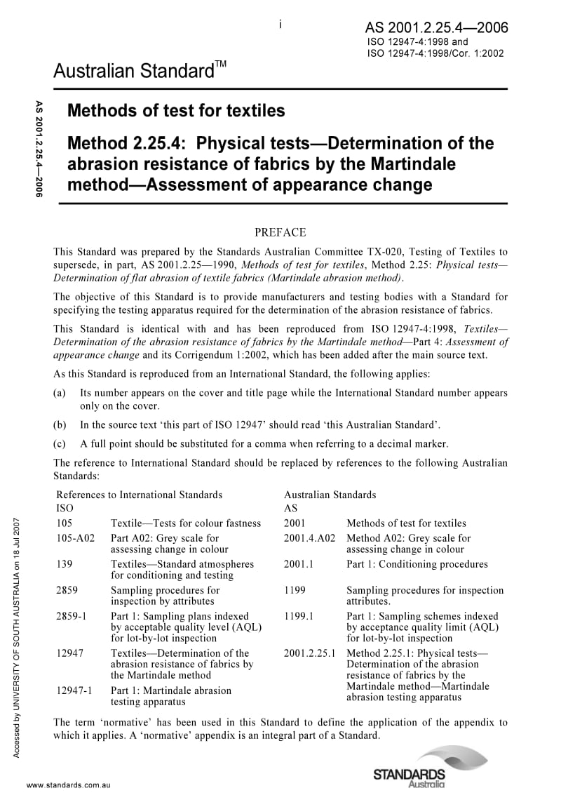 AS 2001.2.25.4-2006 Methods of test for textiles Method 2.25.4 Physical tests—Determination of the abrasion resistance of fabrics by the Martindale method—Assessment of appearance change.pdf_第1页