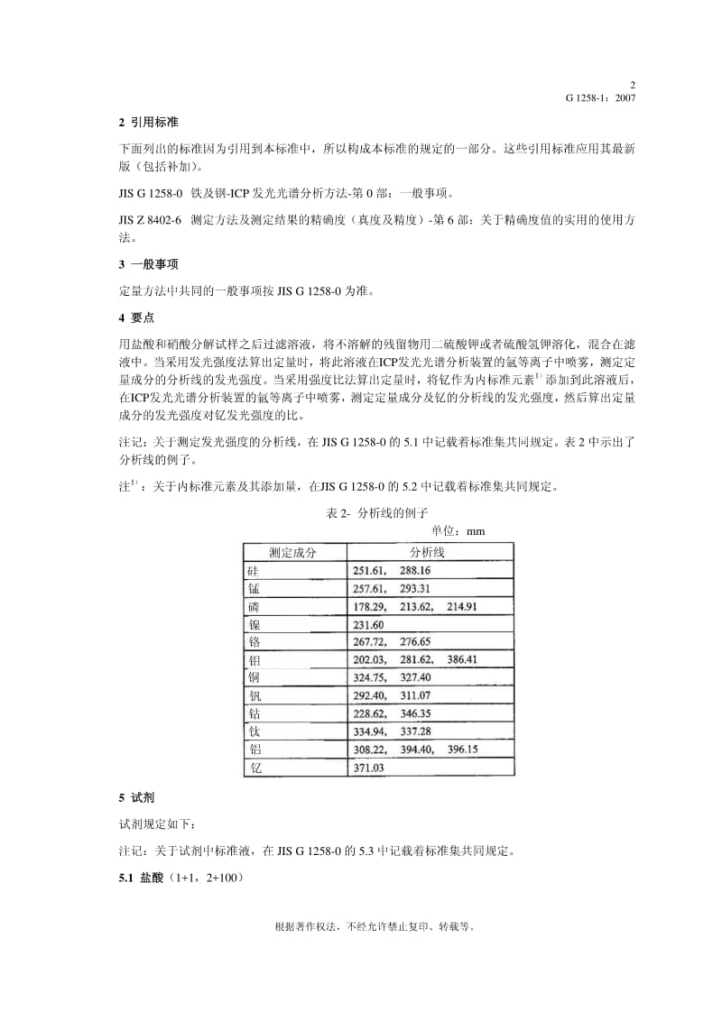 JIS G1258-1-2007 中文版 铁和钢- ICP 发射光谱分析方法 第1部：硅、锰、磷、镍、铬、钼、铜、钒、钴、钛及铝定量方法 - 酸分解，二硫酸钾熔化法.pdf_第2页