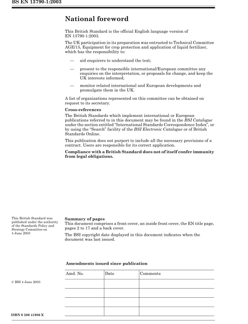 BS EN 13790-1-2003 农用机械.喷雾机.使用中喷雾机的检查.大田喷雾机.pdf_第2页