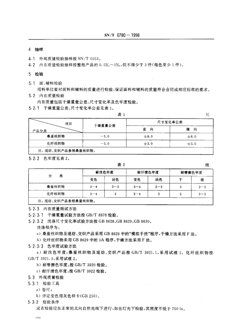 74632 出口丝类针织服装检验规程 标准 SN T 0780-1998.pdf_第3页