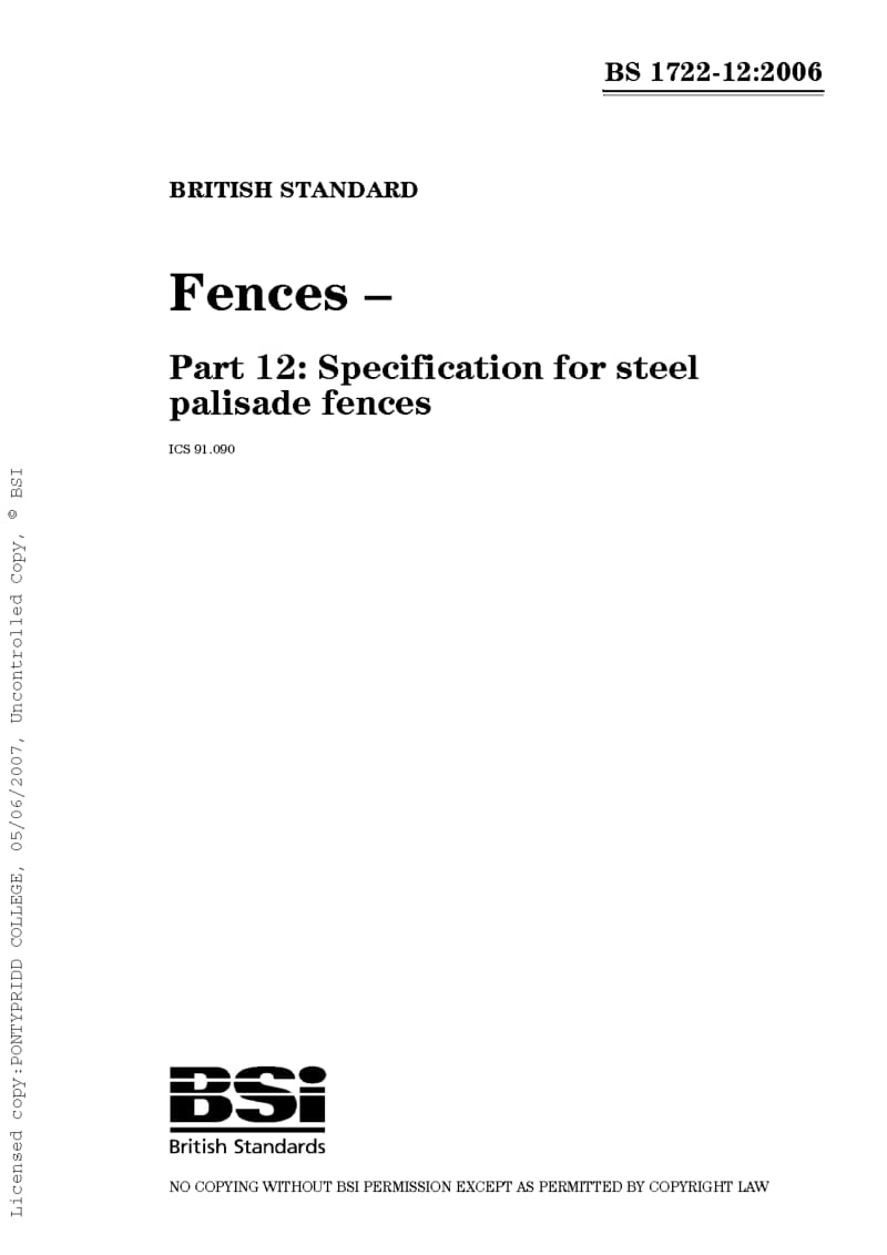 BS 1722-12-2006 Fences. Specification for steel palisade fences1.pdf_第1页