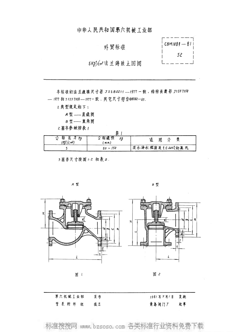 CB船舶标准-CBM 1089-1981 5kgfcm2法兰铸铁止回阀.pdf_第1页