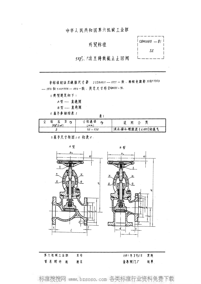 CB船舶标准-CBM 1088-1981 5kgfcm2法兰铸铁截止止回阀.pdf_第1页